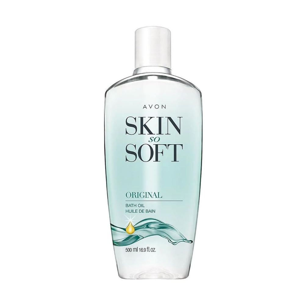 AVON Skin So Soft Original Bath Oil bottle showing hydrating formula for silky skin