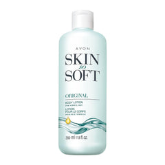 Avon Skin So Soft Original Body Lotion bottle close-up signaling long-lasting hydration.