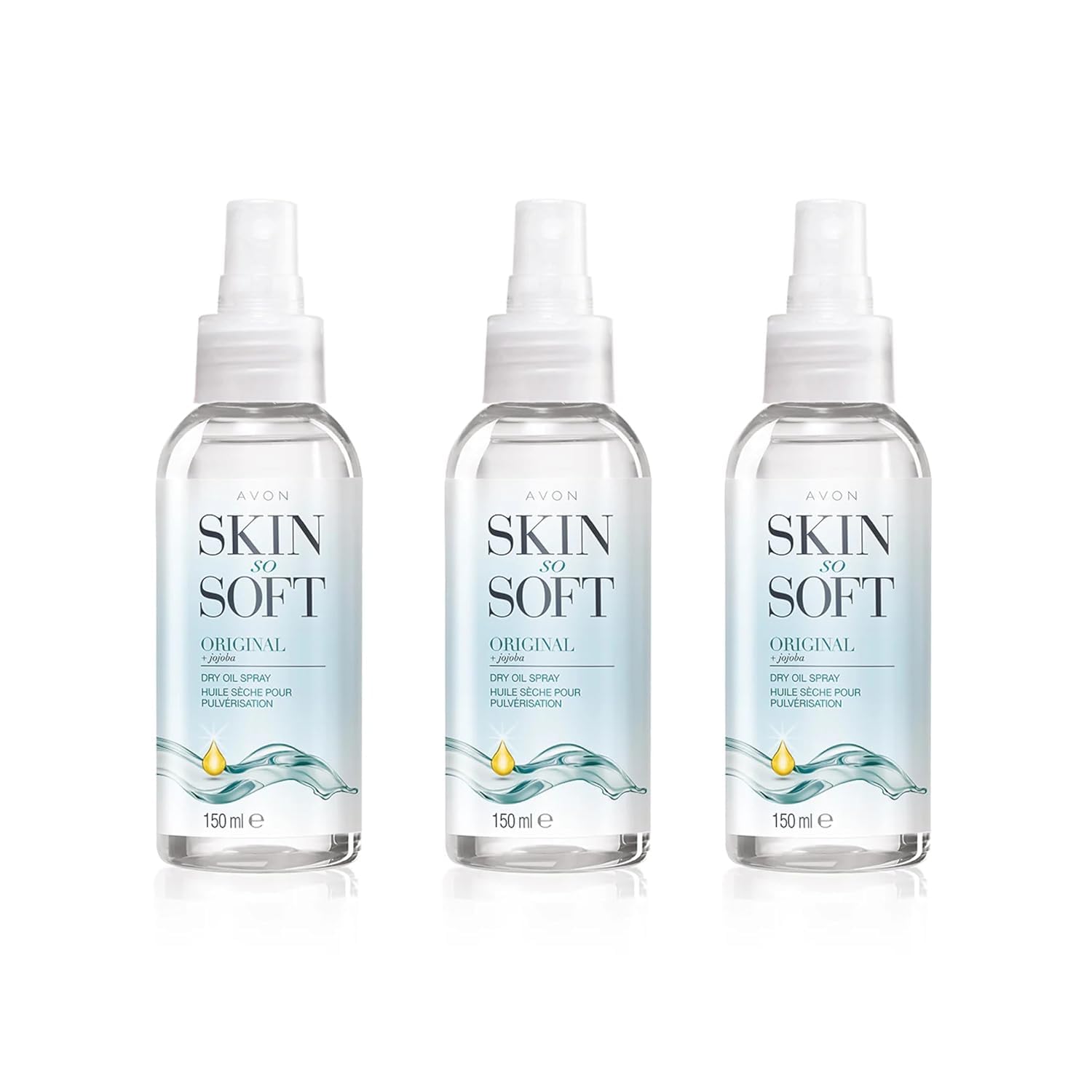 AVON Skin So Soft Original Dry Oil Spray bottle offers lightweight hydration for silky skin.