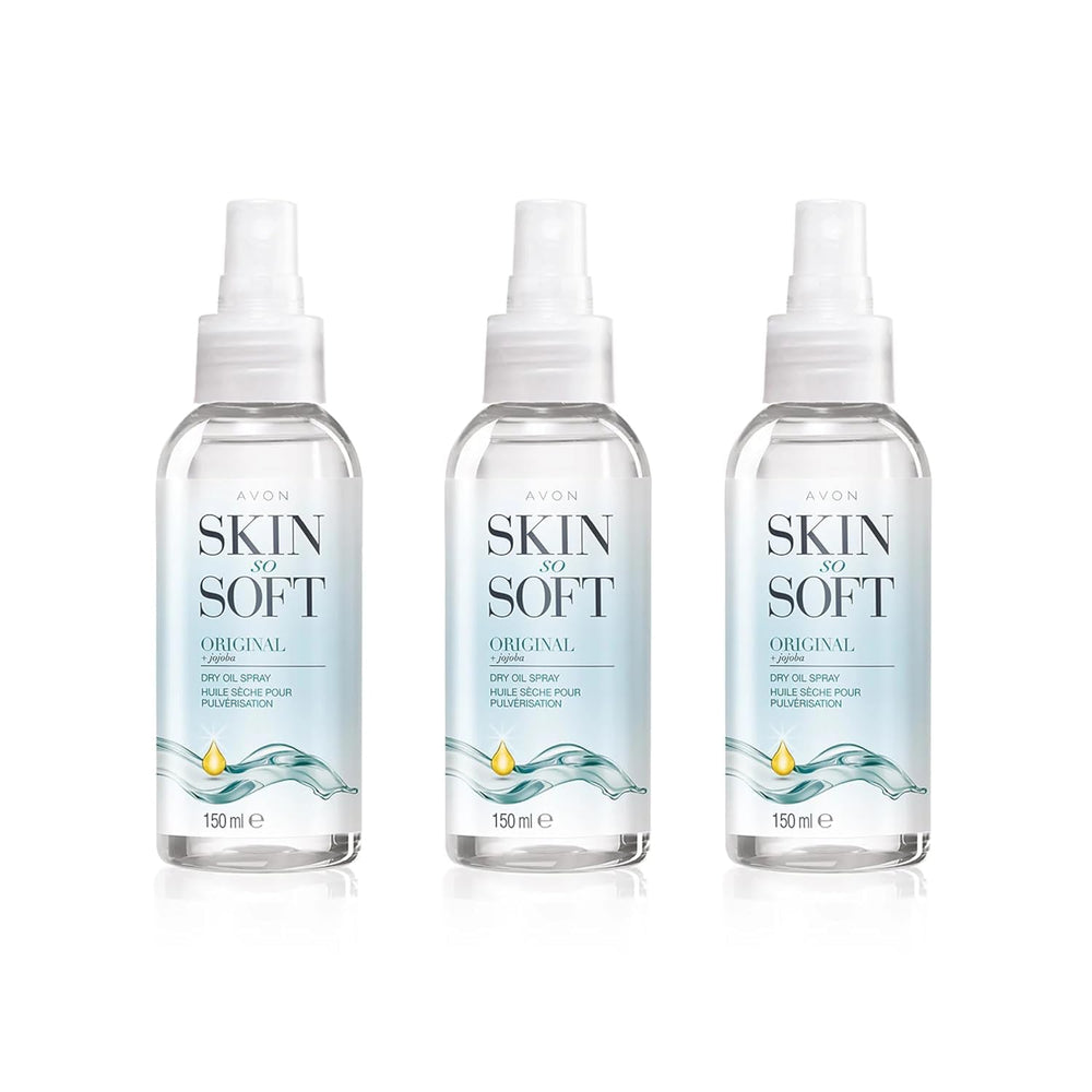 AVON Skin So Soft Original Dry Oil Spray bottle offers lightweight hydration for silky skin.