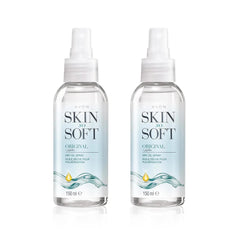 AVON Skin So Soft Original Dry Oil Spray 2-pack display promotes home use and savings.