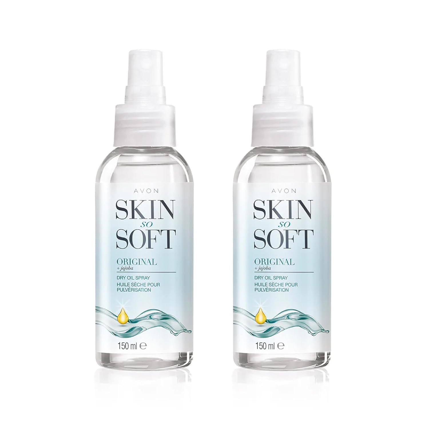 AVON Skin So Soft Original Dry Oil Spray bottle, double pack for lasting moisture and silky skin.