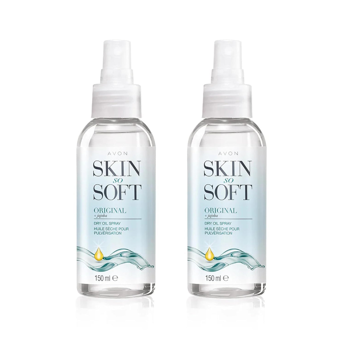 AVON Skin So Soft Original Dry Oil Spray bottle, double pack for lasting moisture and silky skin.