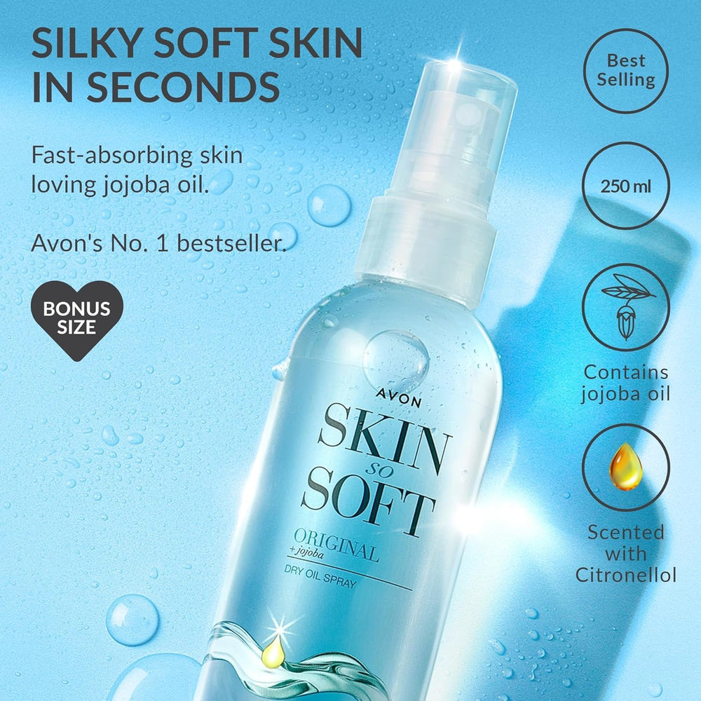 AVON Skin So Soft bottle pouring oil for easy application