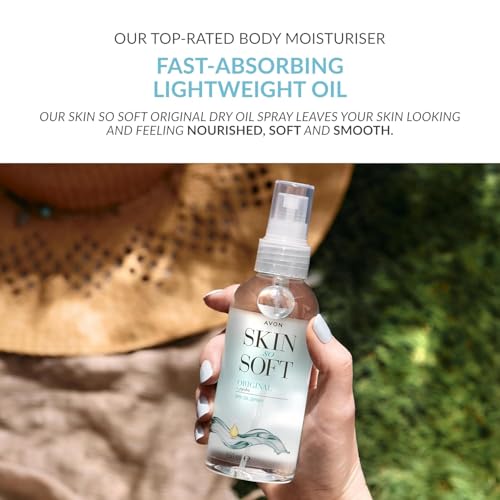 AVON Skin So Soft Original Dry Oil Spray with jojoba—nourishes and locks in moisture.