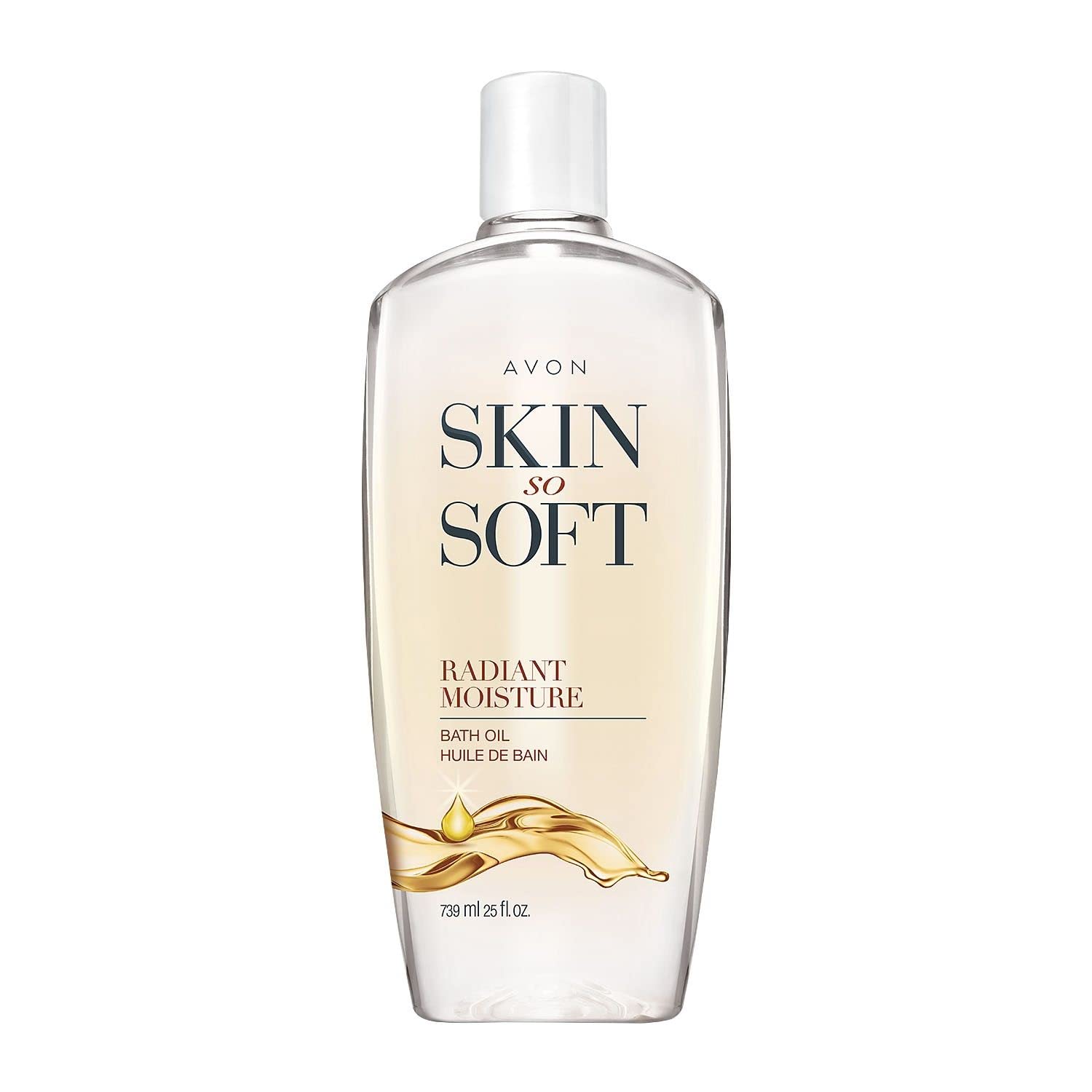AVON Skin So Soft Radiant Moisture Bath Oil bottle shows a luminous glow for radiant skin.