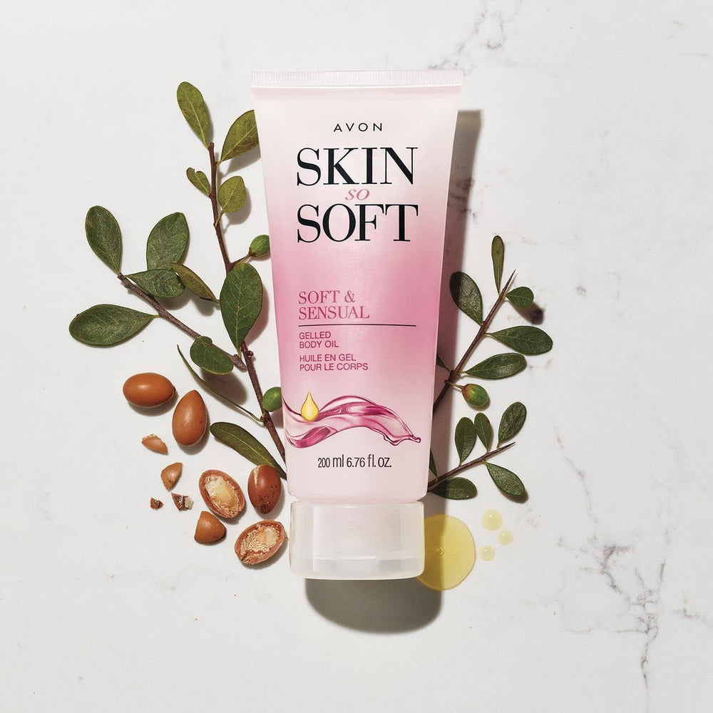 AVON Skin So Soft Sensual Gelled Body Oil massage scene suggests spa like luxury