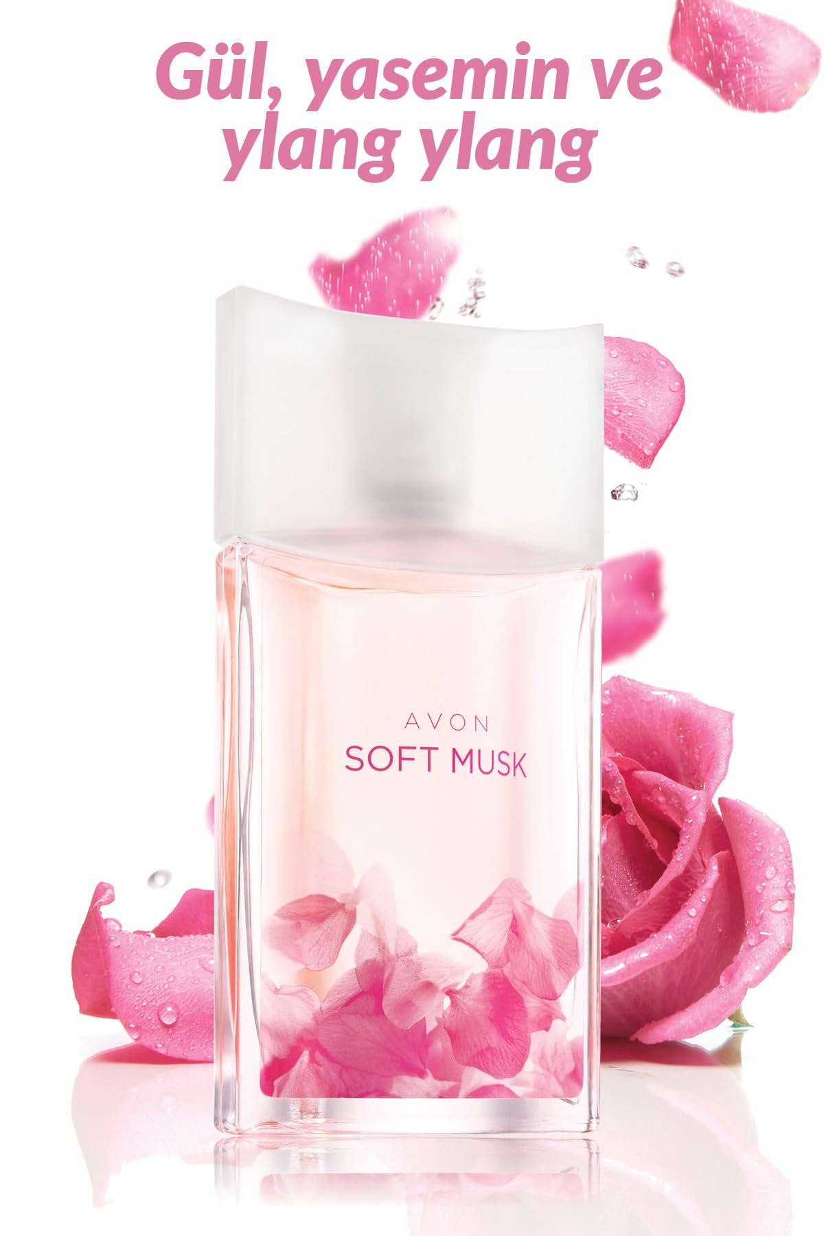 AVON Soft Musk flacon angled to showcase timeless scent with versatile style.