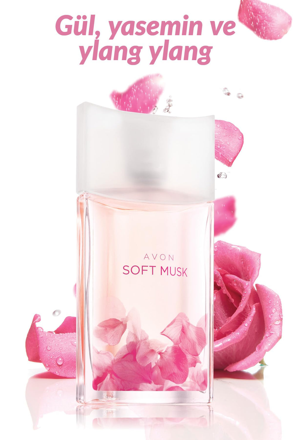 AVON Soft Musk flacon angled to showcase timeless scent with versatile style.
