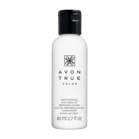 AVON True Color Eye Makeup Remover Lotion on a cotton pad demonstrates gentle removal.