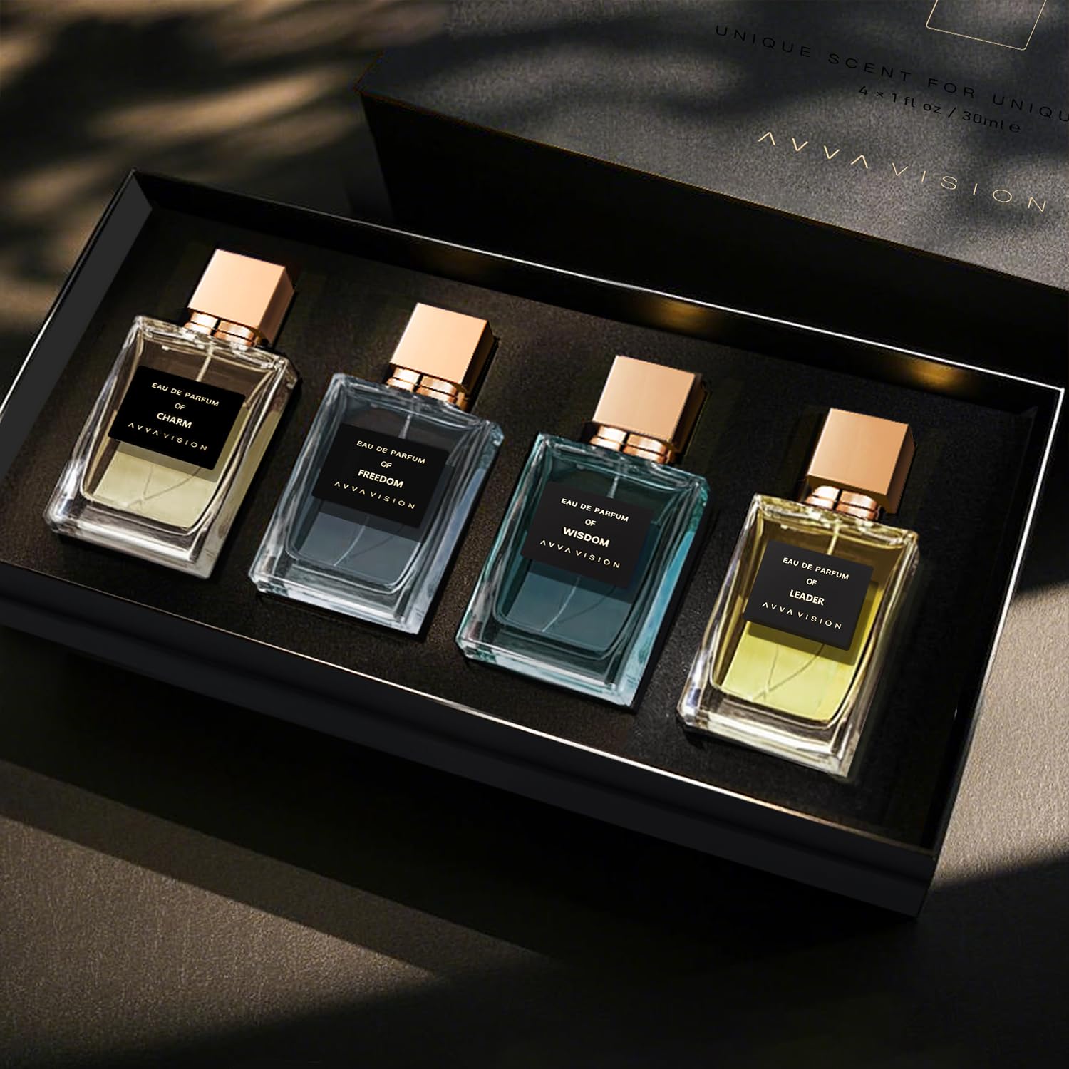 AVVA VISION men's perfume set box front, gift-ready presentation for him