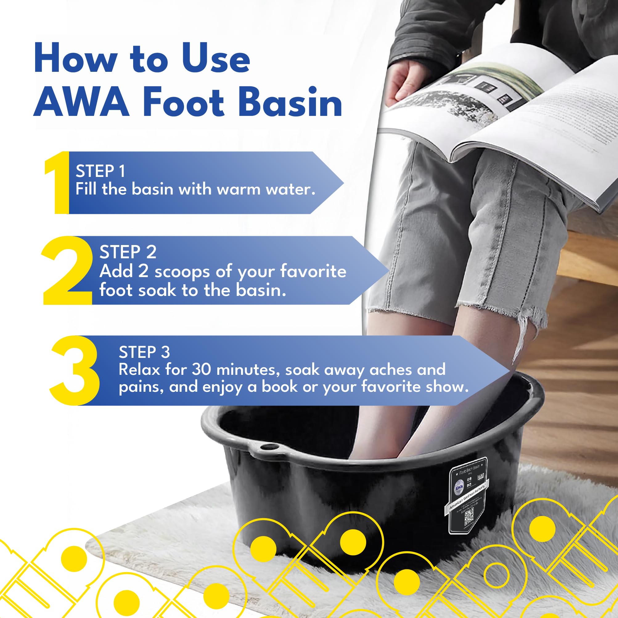 AWA foot bath basin with 7-inch walls supports ample water depth for soaking feet.