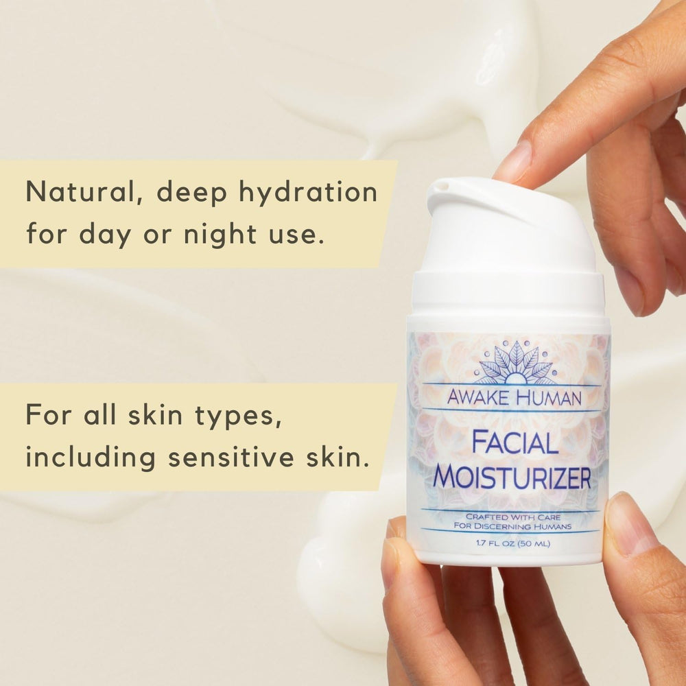 Awake Human natural face moisturizer pump-dispense demonstrates travel-friendly daily hydration