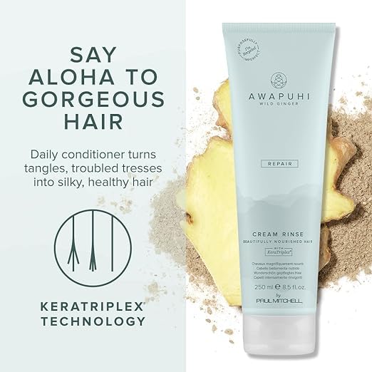 Awapuhi Wild Ginger Cream Rinse label closeup highlights keratin protein and shine benefits.