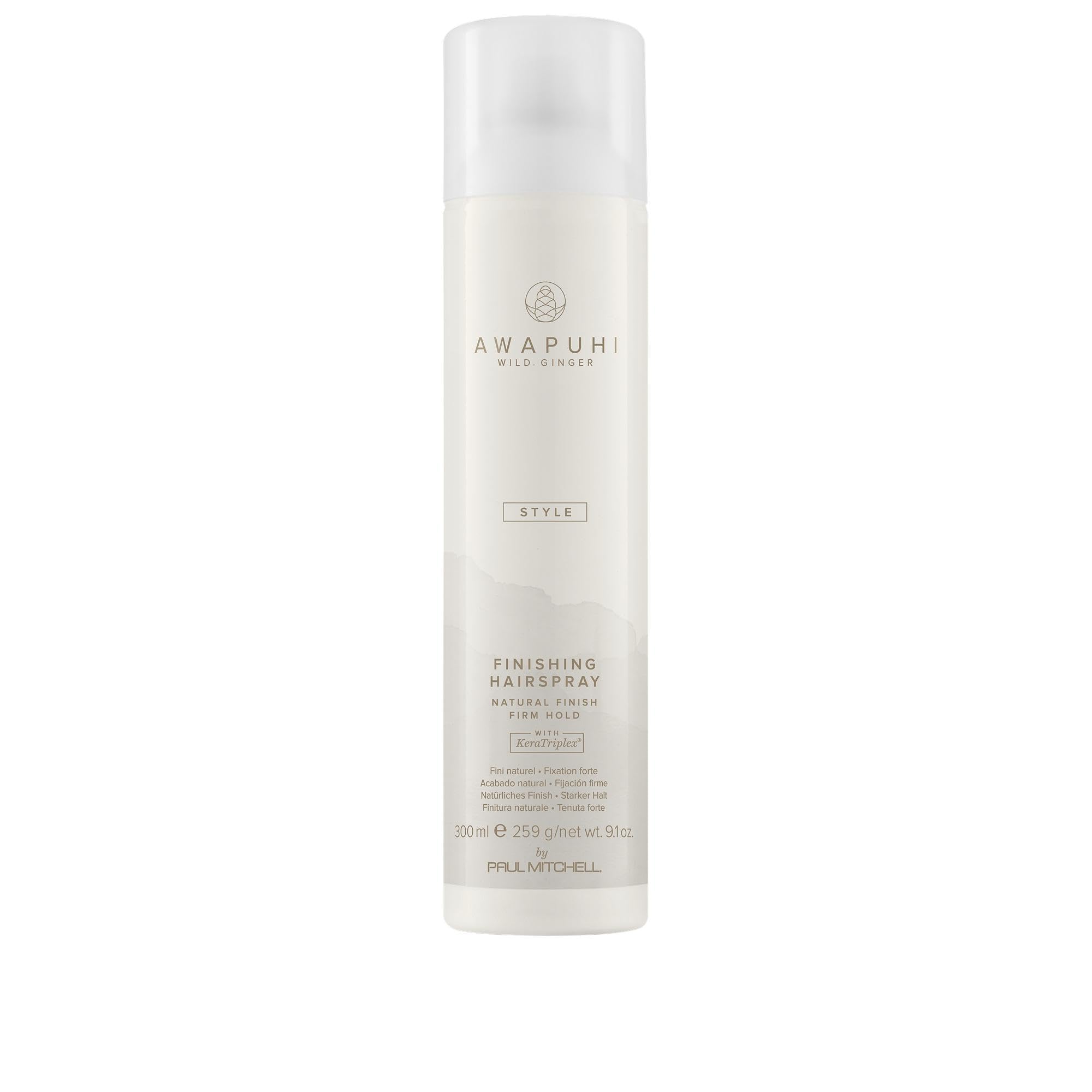 Awapuhi Wild Ginger Finishing Spray bottle front shows fast-drying finish for all hair types.