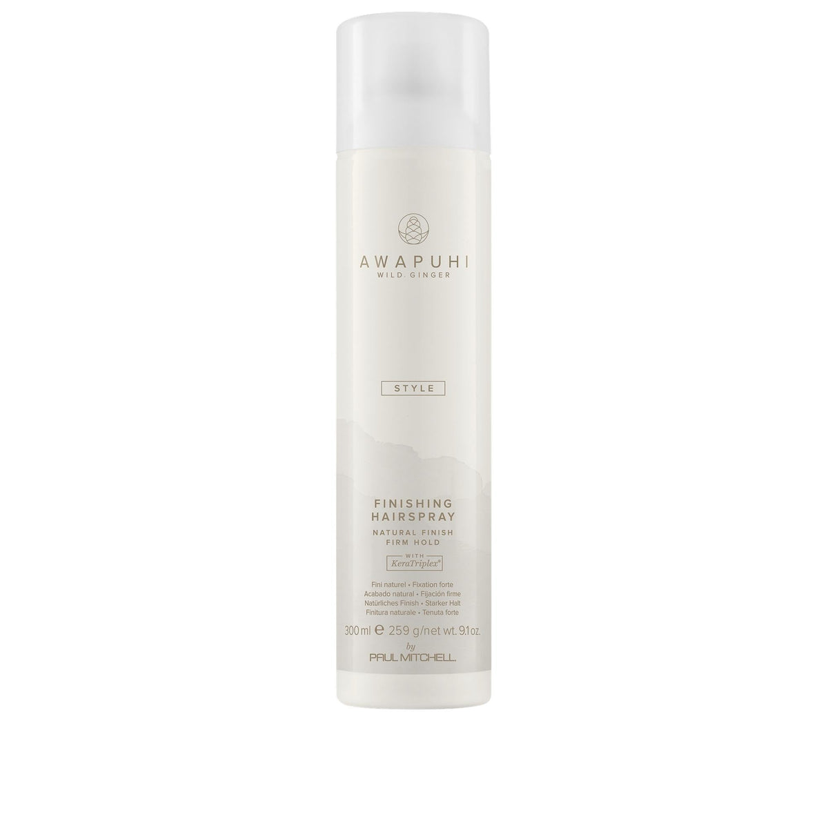 Awapuhi Wild Ginger Finishing Spray bottle front shows fast-drying finish for all hair types.