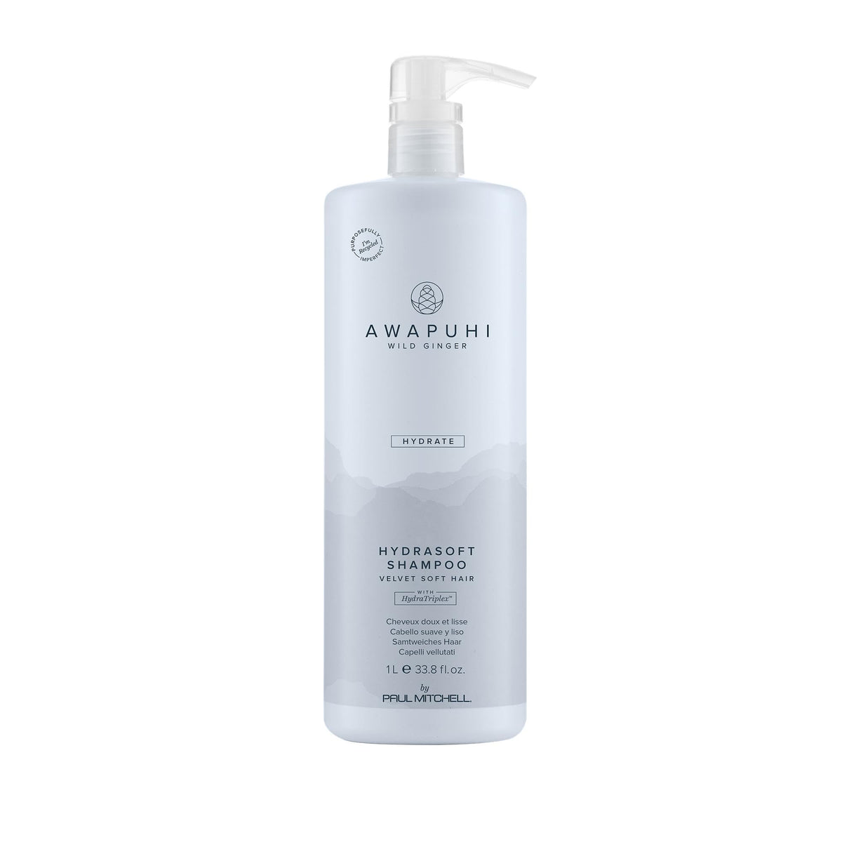 Awapuhi Wild Ginger HydraSoft Shampoo bottle on bathroom shelf delivering moisture and shine daily care.