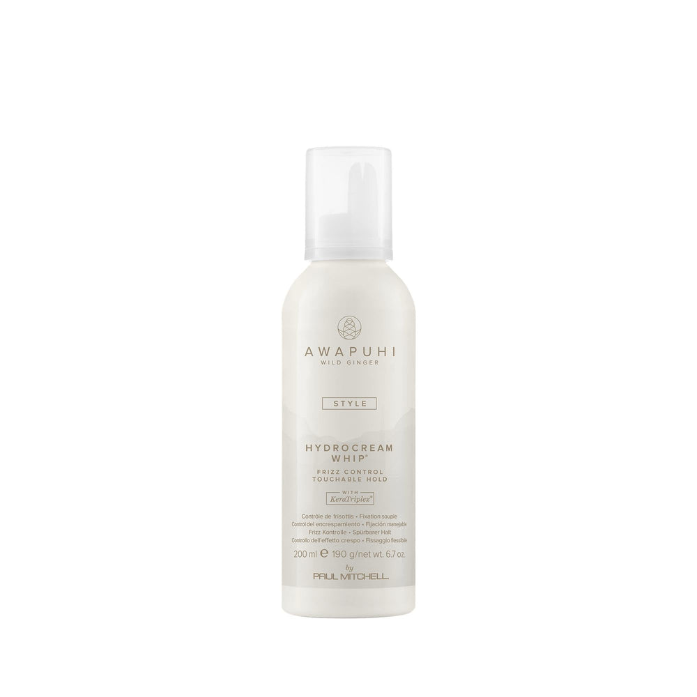 Awapuhi Wild Ginger HydroCream Whip Mousse bottle front showing long-lasting, touchable hold.