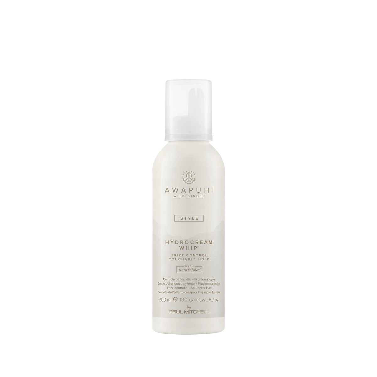 Awapuhi Wild Ginger HydroCream Whip Mousse bottle front showing long-lasting, touchable hold.
