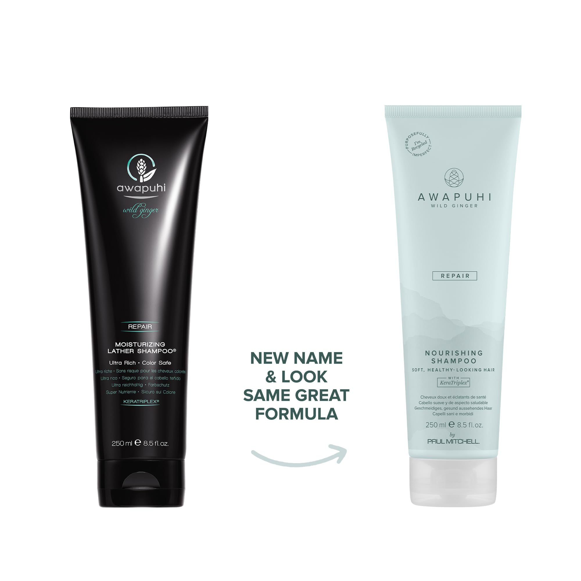 Awapuhi Wild Ginger Nourishing Shampoo bottle back view—KeraTriplex protein technology.