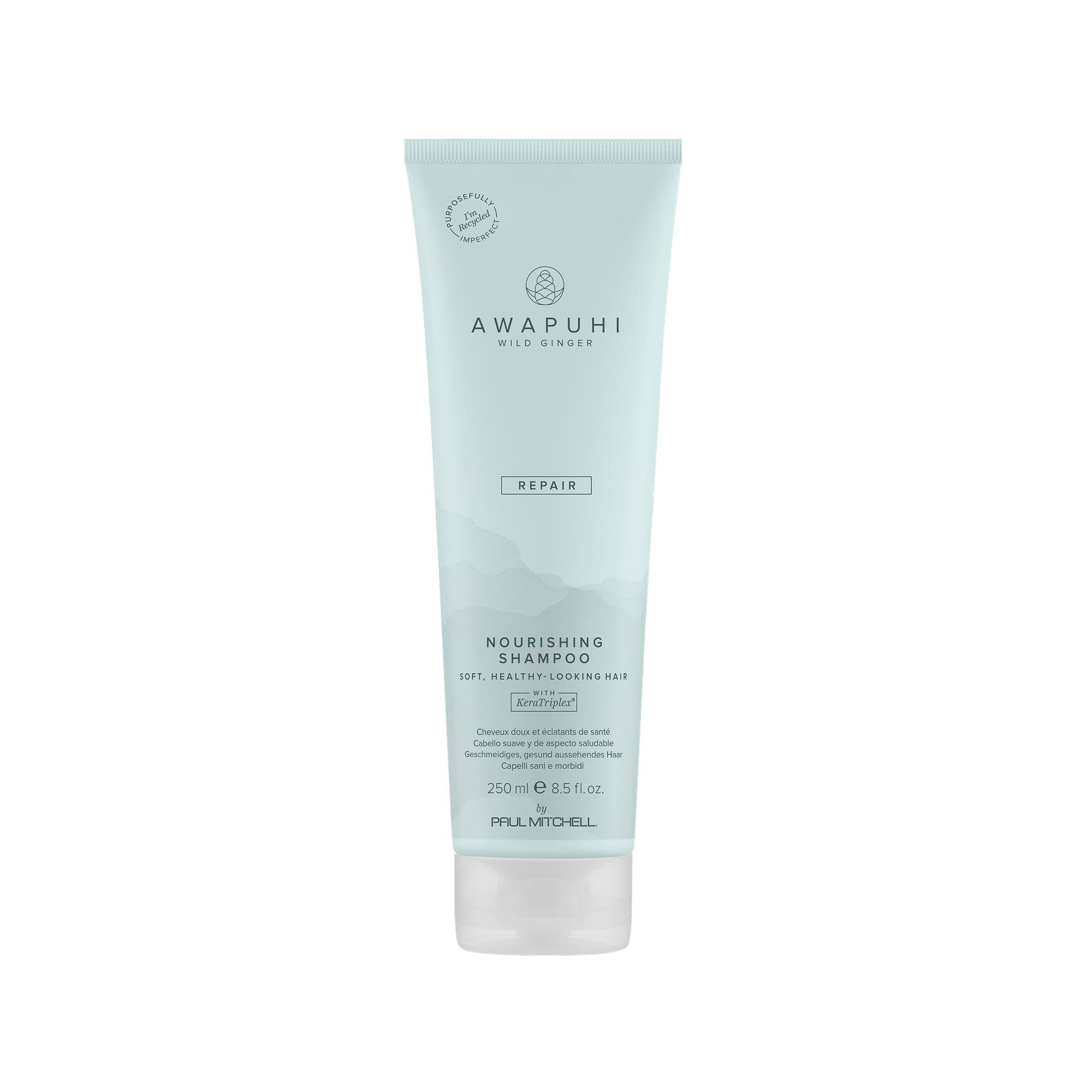 Awapuhi Wild Ginger Nourishing Shampoo bottle front—color-safe cleansing for dry, damaged hair.