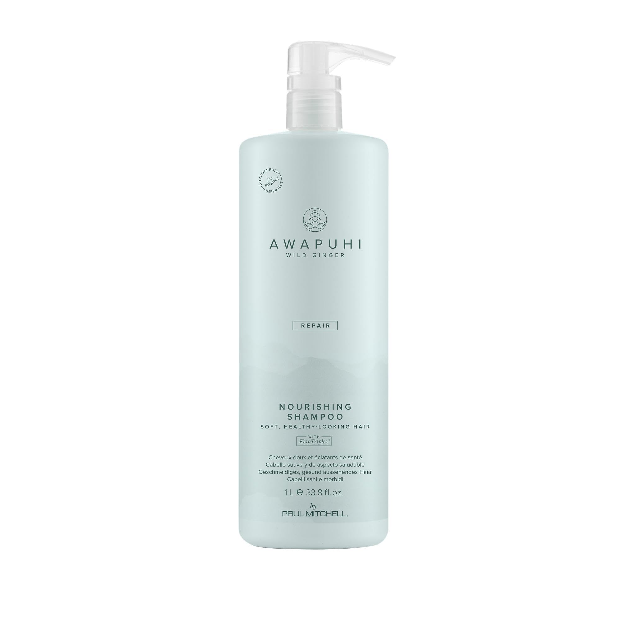 Awapuhi Wild Ginger Nourishing Shampoo bottle highlights color-safe cleansing for color-treated hair.