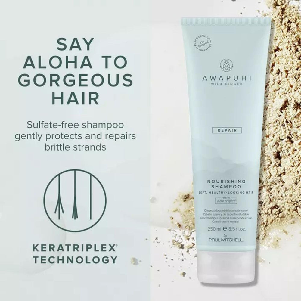 Awapuhi Wild Ginger Nourishing Shampoo color-protection image implies balanced moisture and shine.