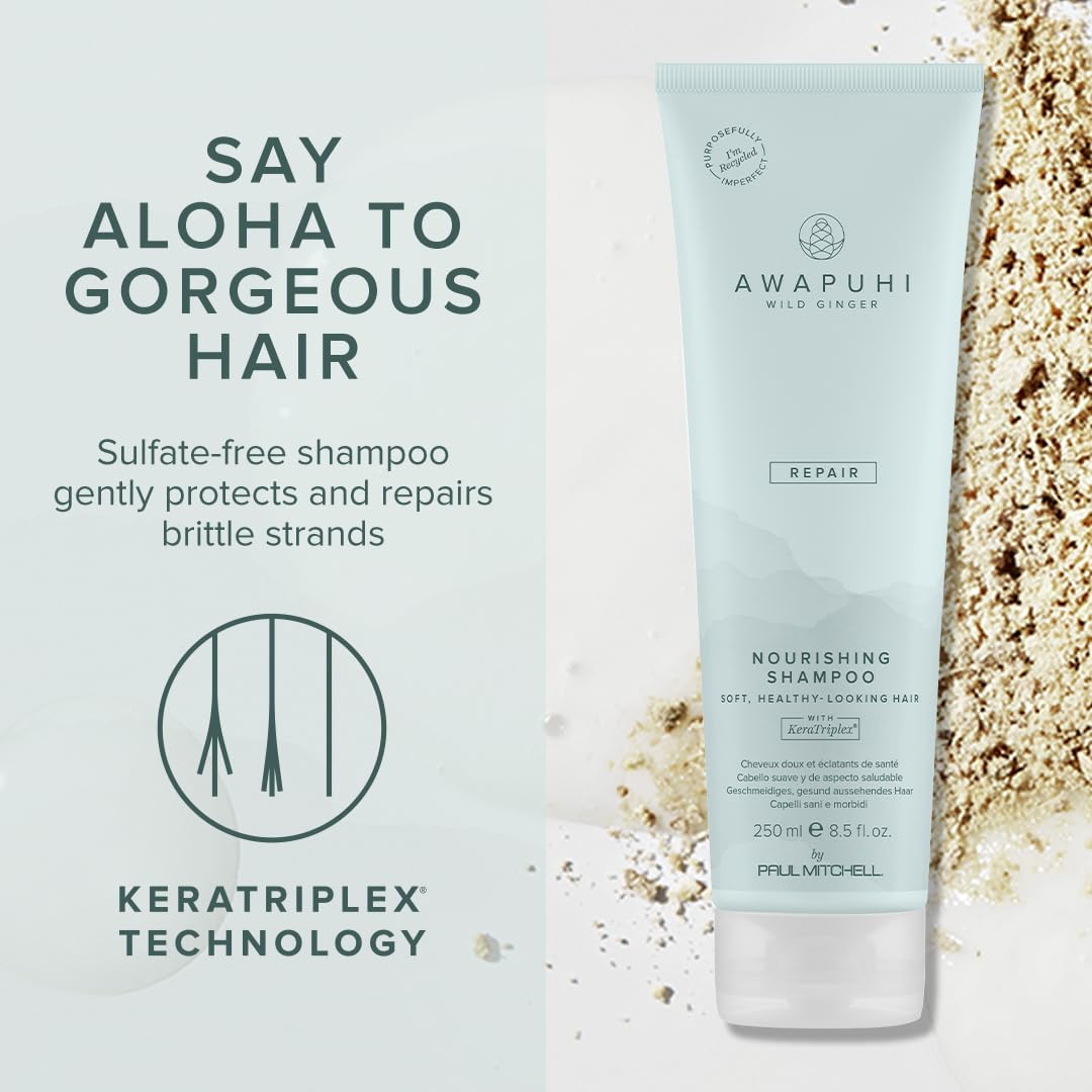 Awapuhi Wild Ginger Nourishing Shampoo bottle label—KeraTriplex replenishes strands.