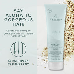 Awapuhi Wild Ginger Nourishing Shampoo bottle label—KeraTriplex replenishes strands.