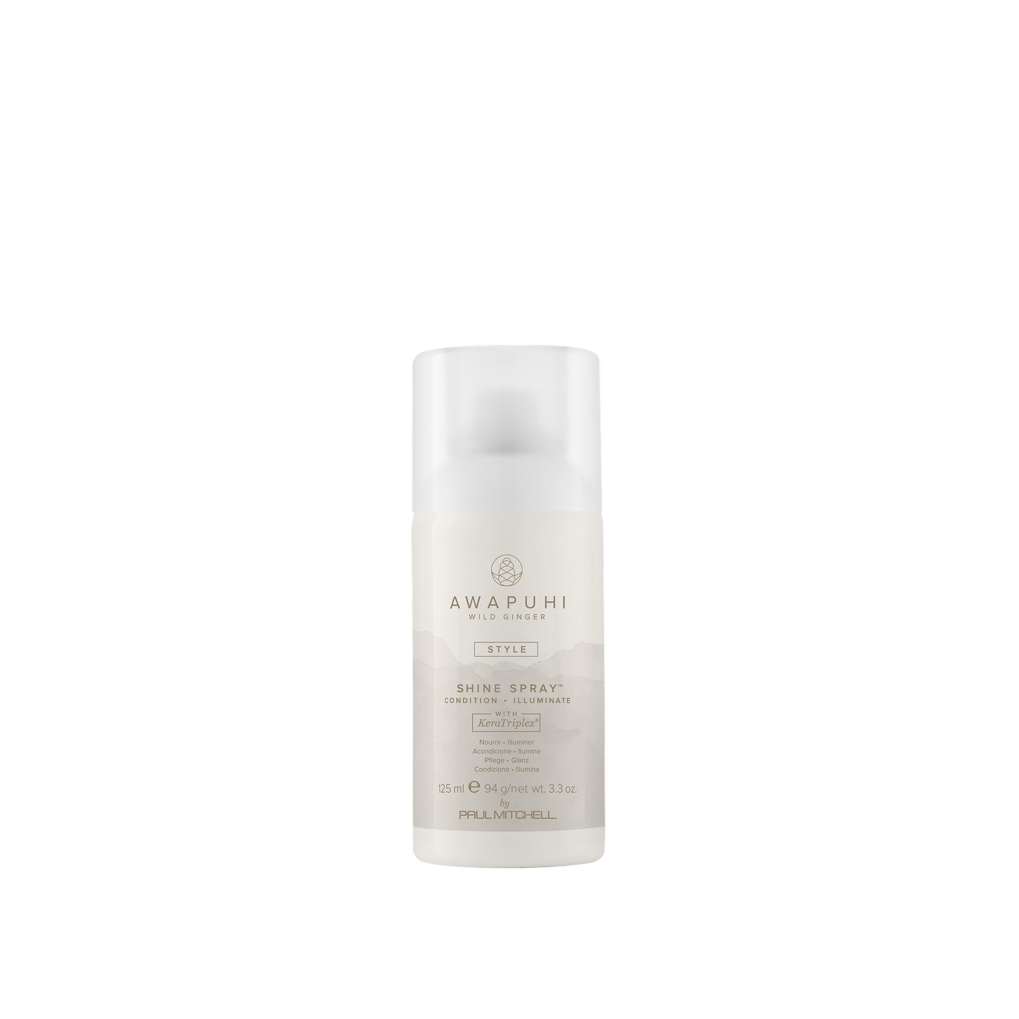 Awapuhi Wild Ginger Shine Spray bottle provides lightweight gloss.