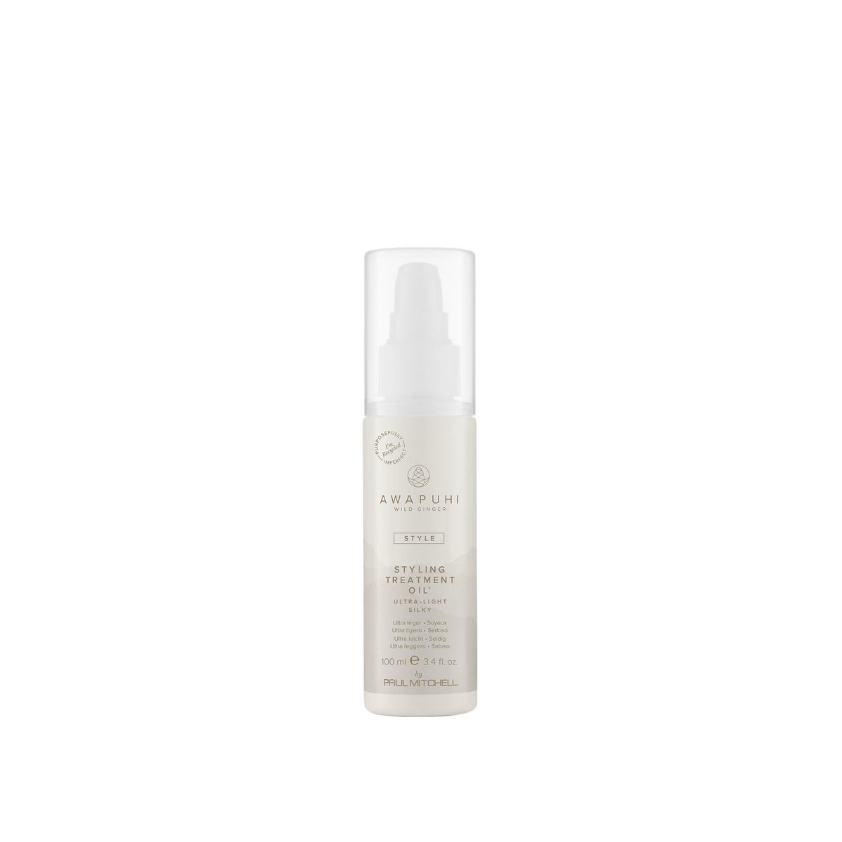 Awapuhi Wild Ginger Styling Treatment Oil bottle shows lightweight, hydrating finish for all hair types.