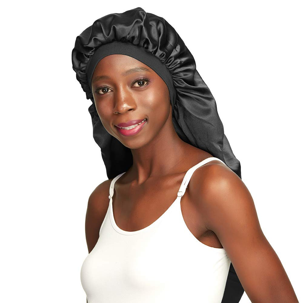 Awefeel long braids satin bonnet front view protects moisture overnight.