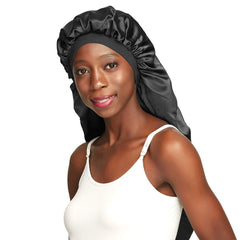 Awefeel long braids satin bonnet front view protects moisture overnight.