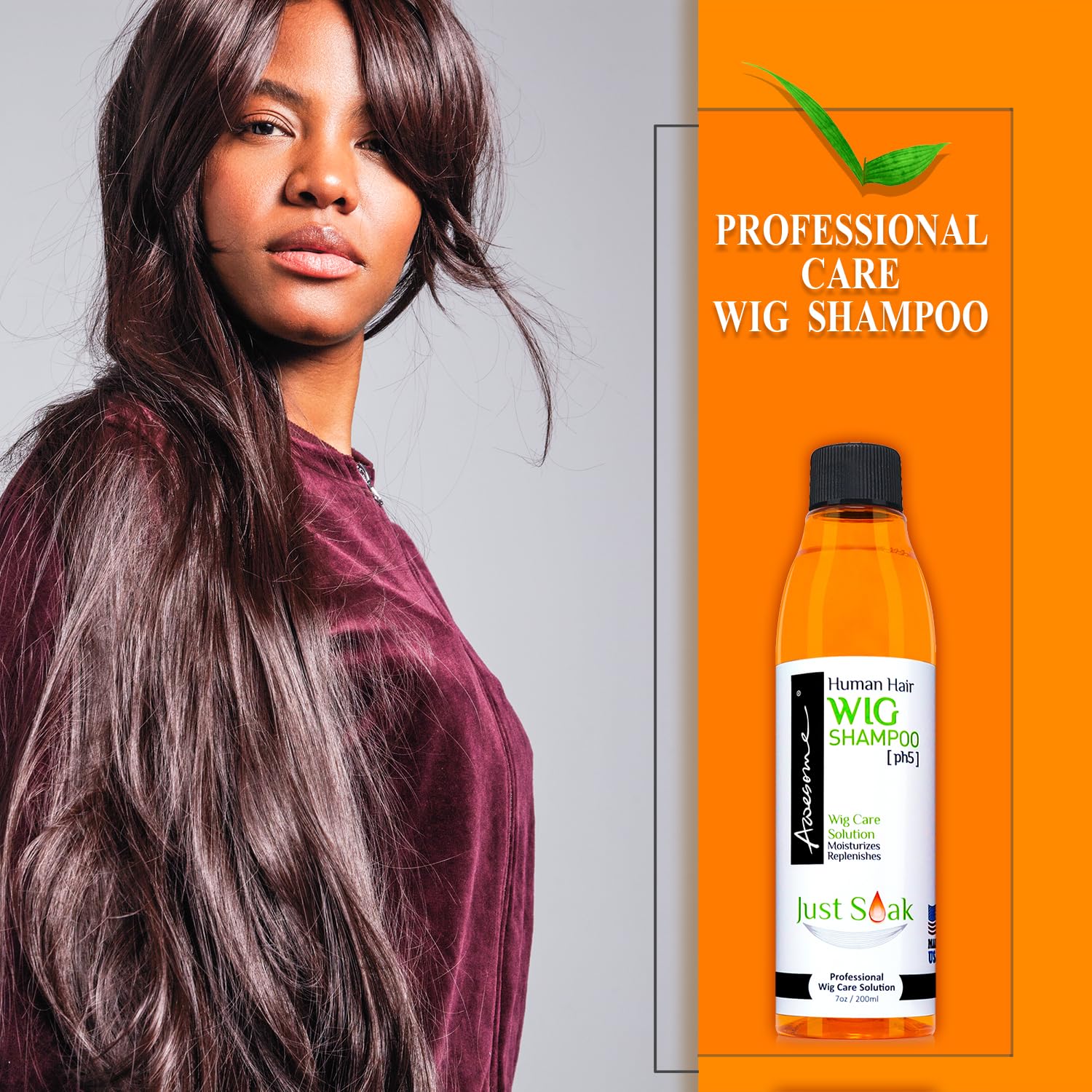 Awesome Human Hair Wig Shampoo label highlights pH5 formula for gentle wig care.