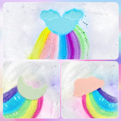 AWKUWA rainbow bath bombs dissolving to create a five-color rainbow.