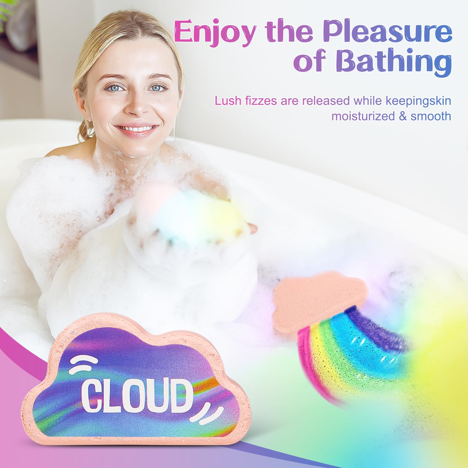AWKUWA rainbow bath bombs fragrance closeup highlighting natural essential oils.