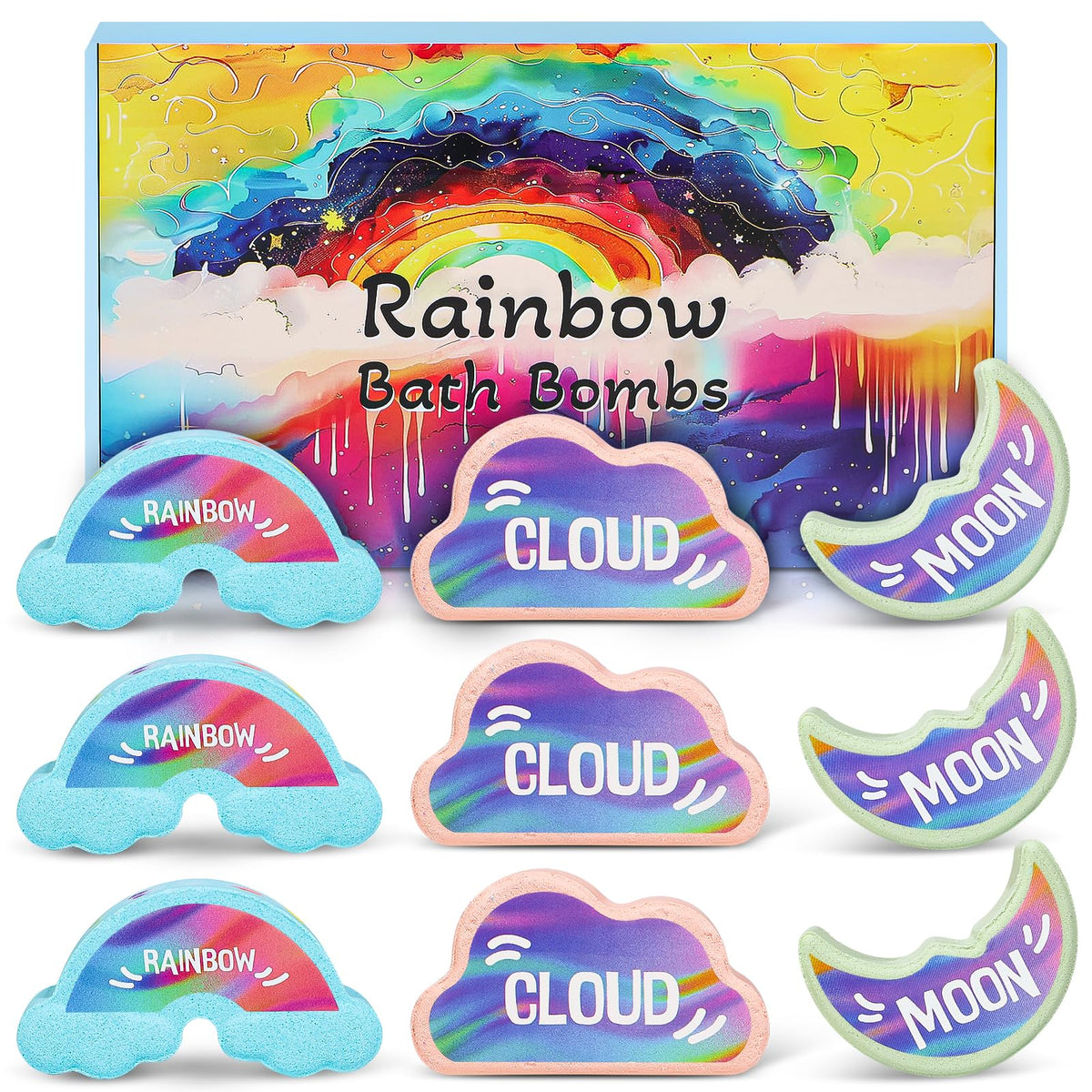 AWKUWA Rainbow Bath Bombs pack of nine pieces for kids' baths.