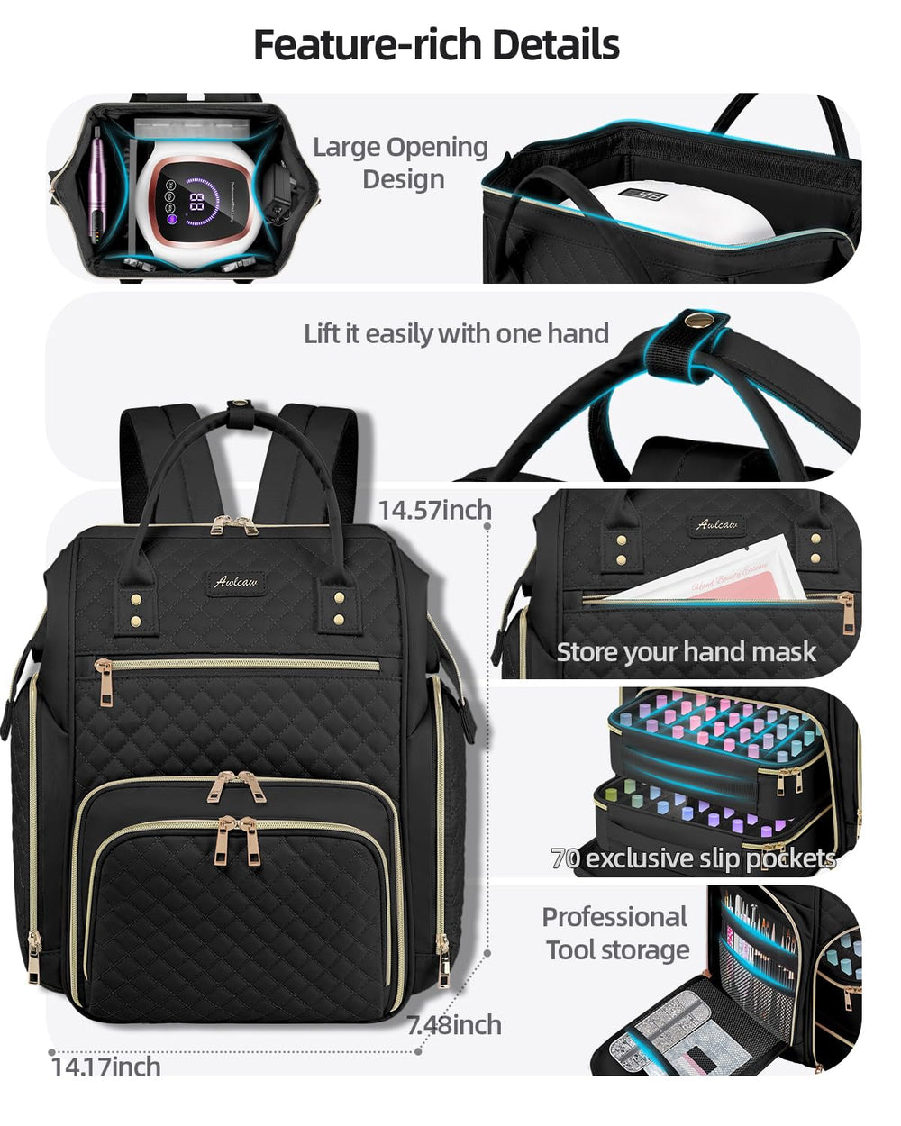 Awlcaw side-pocket elastic mesh stores accessories for quick access.