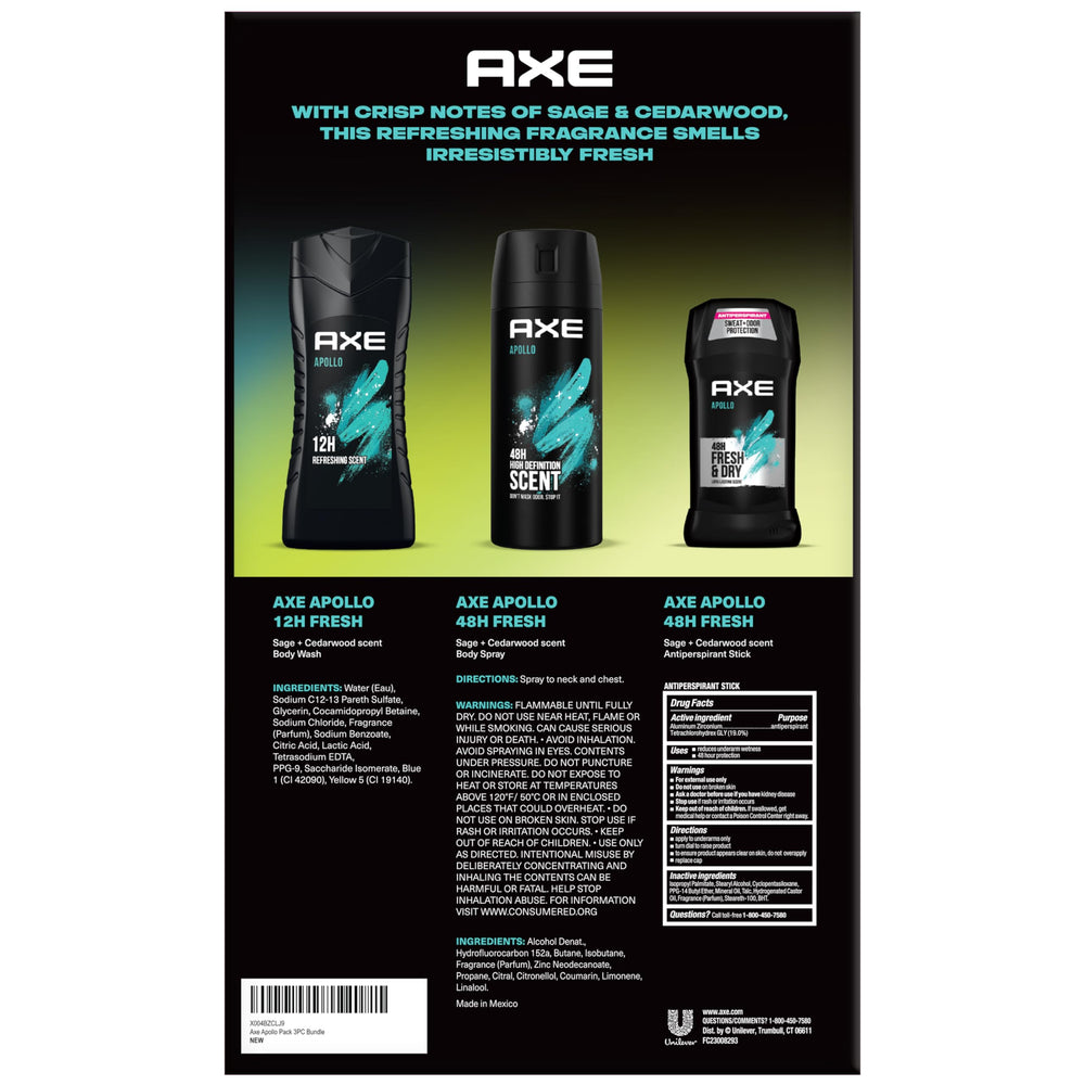 AXE Apollo gift-box display shows a complete grooming set for gifting.
