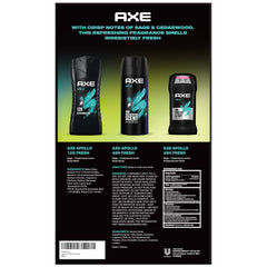 AXE Apollo gift-box display shows a complete grooming set for gifting.