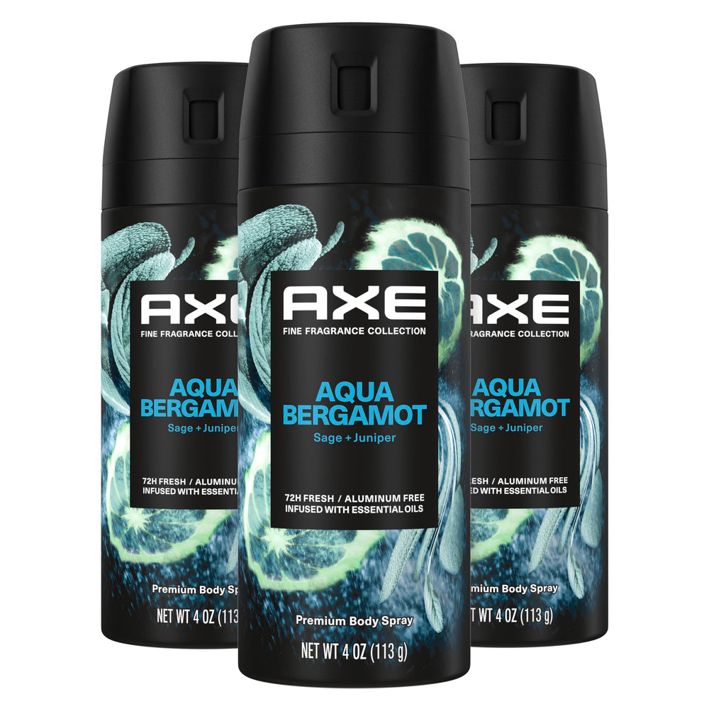 AXE Aqua Bergamot premium deodorant bottle front shows sleek design for long-lasting freshness.