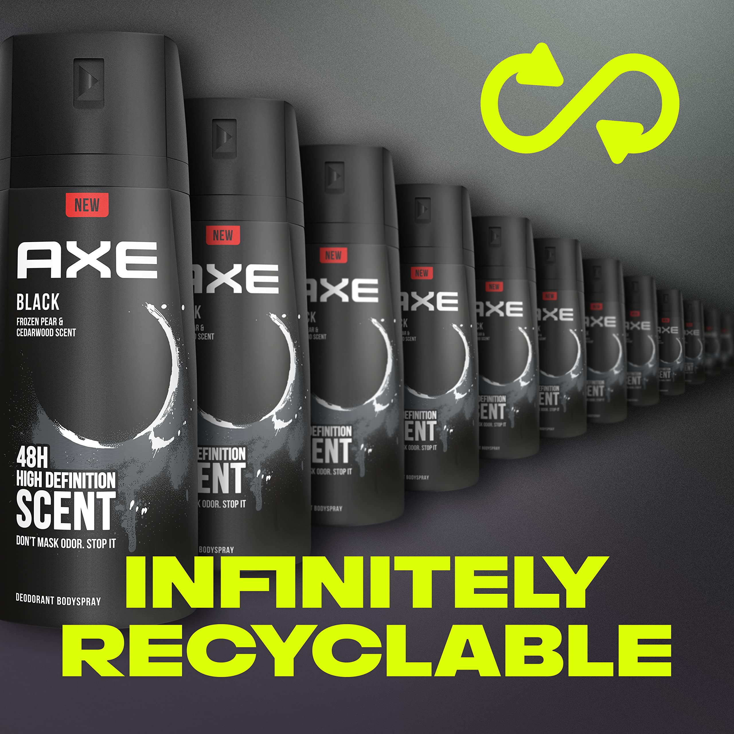 AXE Black sustainable packaging note highlighting recyclable materials goal
