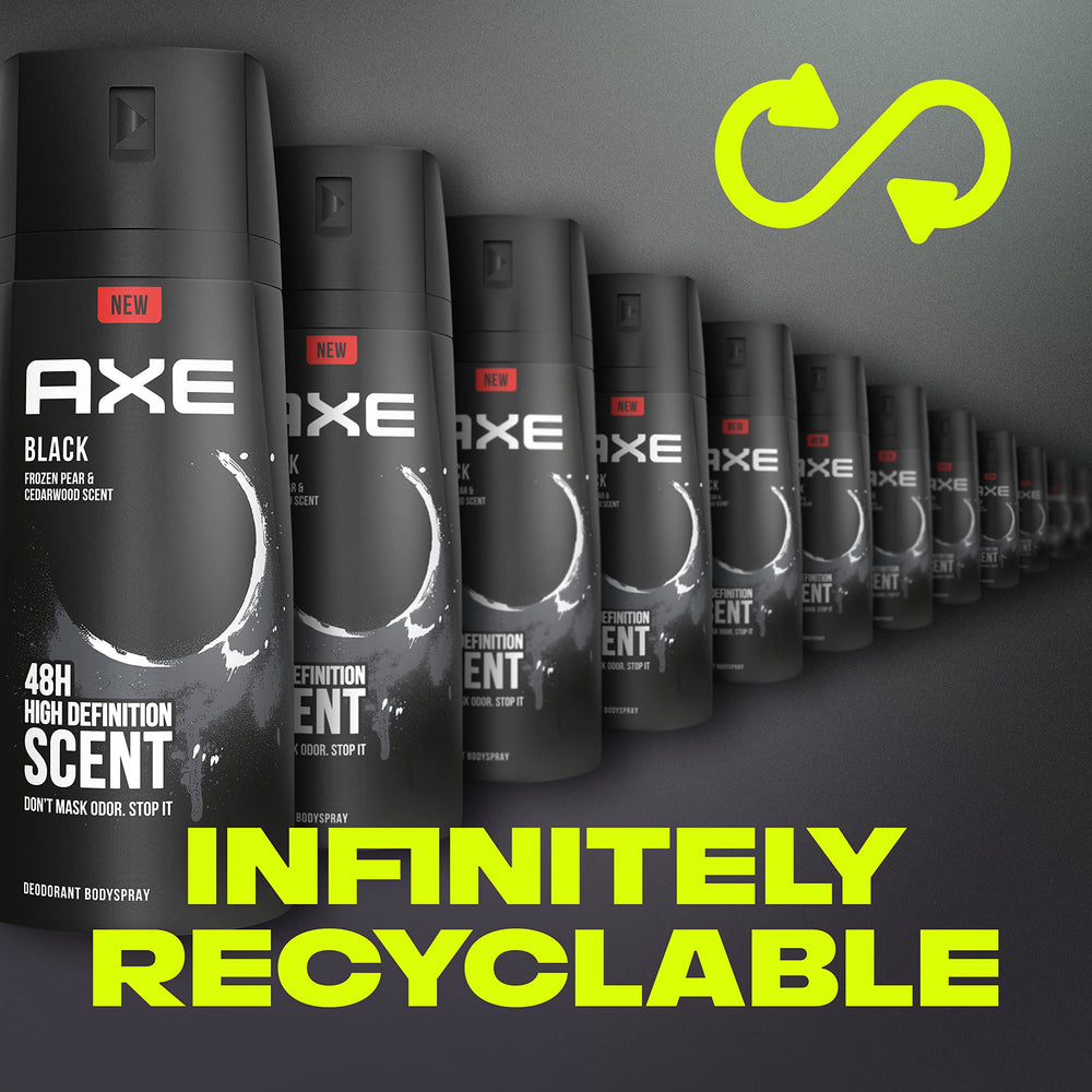 AXE Black sustainable packaging note highlighting recyclable materials goal