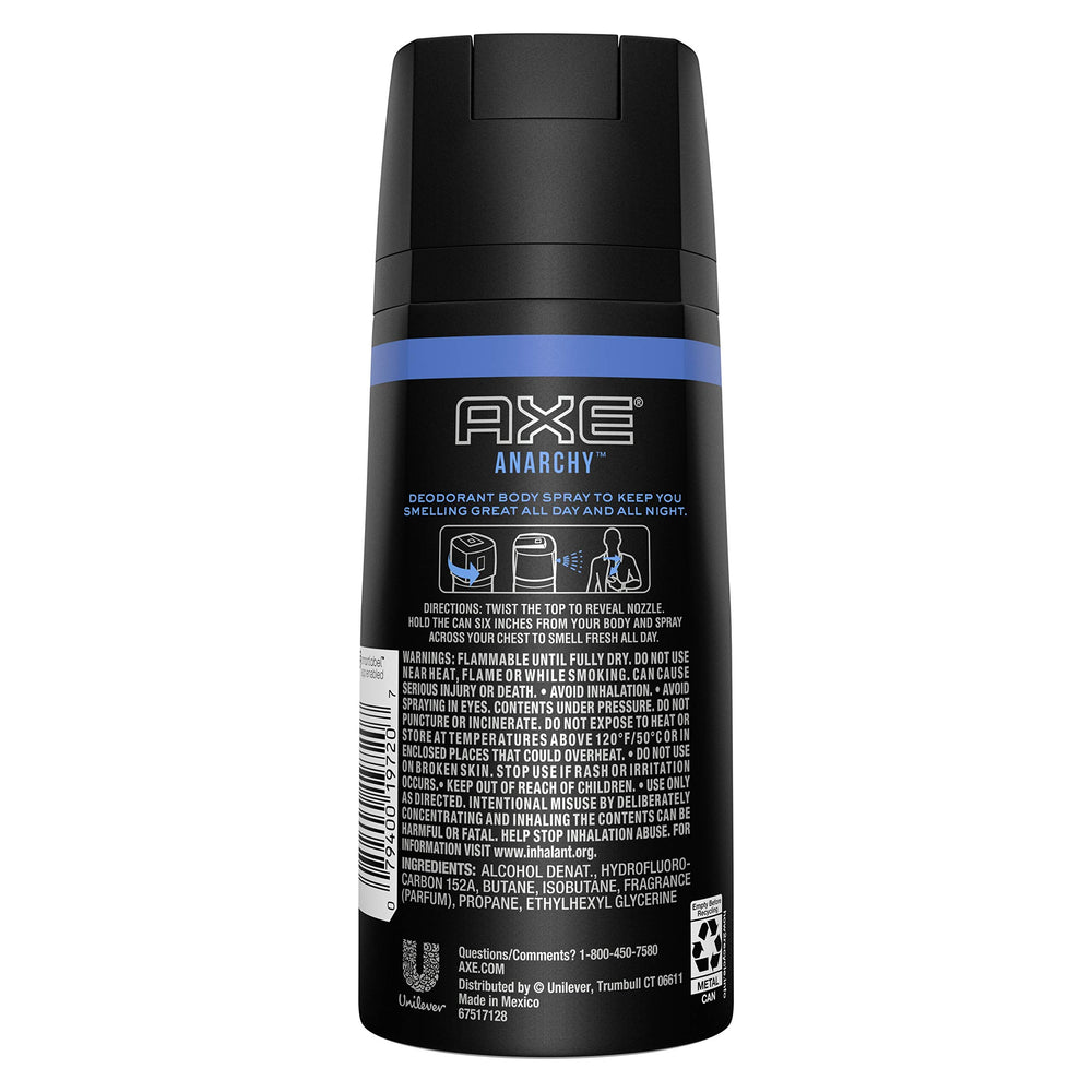 AXE Bodyspray Anarchy label closeup highlights brand and design details.