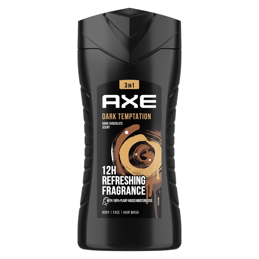 AXE Dark Temptation shower gel bottle 8oz delivers revitalizing fragrance and a fresh feel.