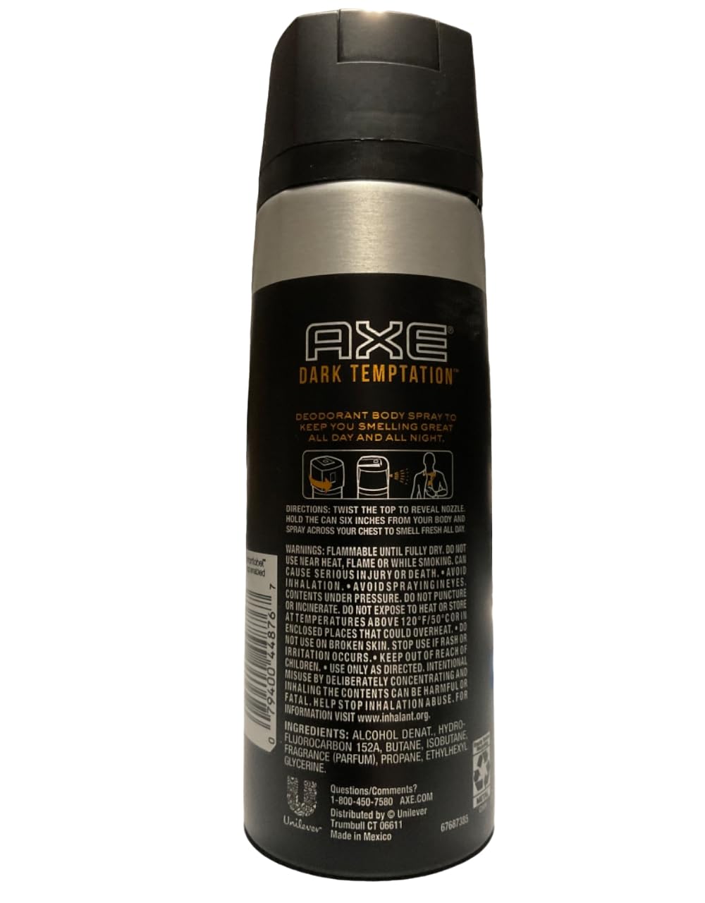 AXE Dark Temptation spray can showcasing recyclable packaging and lasting scent for daily use.