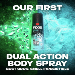AXE Dual Action odor technology with zinc targets odors for lasting freshness.