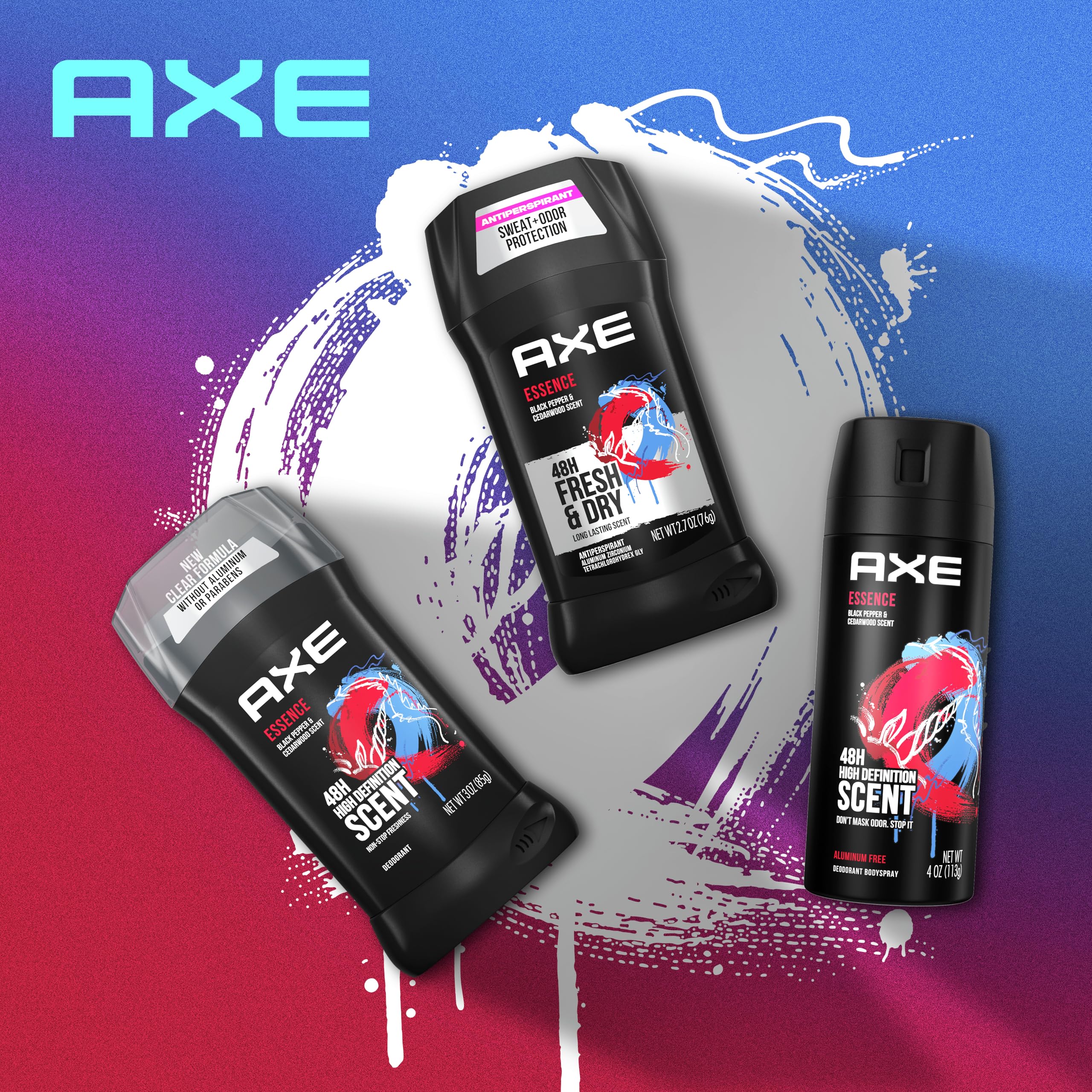 AXE Essence aluminum-free can design showcases a cleaner, aluminum-free deodorant option.