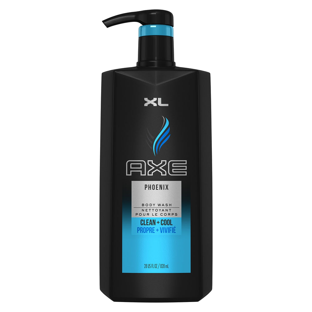 AXE Phoenix body wash bottle front with pump offers quick, convenient cleansing.