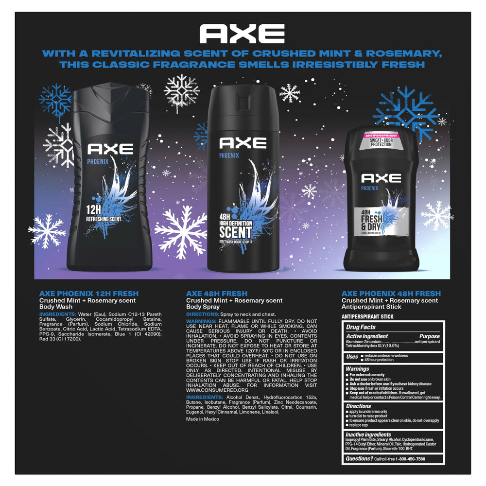 AXE Phoenix Fresh Gift Set antiperspirant shows 48 hour protection for all day freshness.